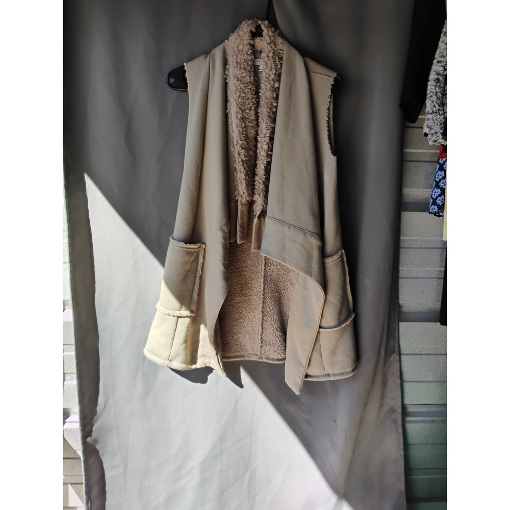 Favlux Fashion Womens Tan Faux Suede Shearling Lined Open Front Long Vest Small